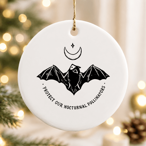 Protect Our Nocturnal Polalinators Bat with Moon Halloween Christmas Ornament, Spooky Holiday Decor, Ceramic Ornament