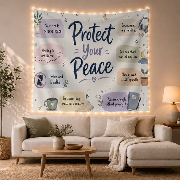 "Protect Your Peace" Affirmations on Pale Background, Serene Illustration for Meditation Enthusiasts, Therapy Wall Art, Housewarming Gift, Tapestry Wall Hanging for Bedroom and Living Room