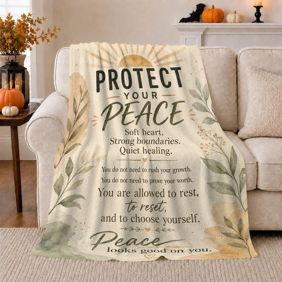 Protect Your Peace Botanical Watercolor, Cozy Typography Art Scene, Warm Flannel Blanket for Living Room and Reading Nook, Art Lovers Housewarming Gift, Artistic Home Decor