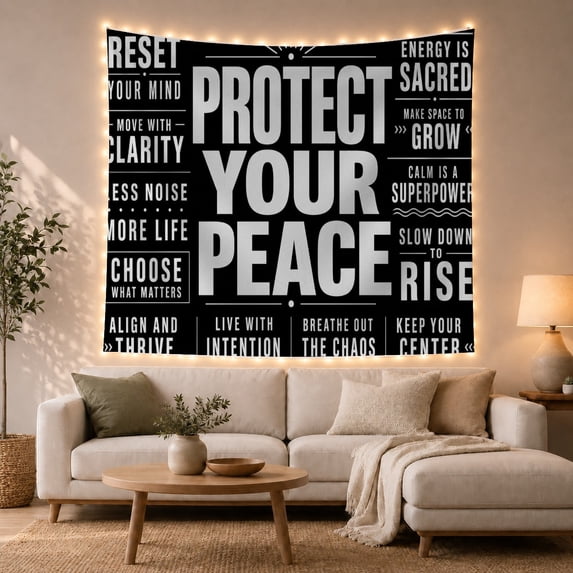 Protect Your Peace Mindfulness Quote Collage, Bold Black and White Typography, Calm Self Care Housewarming Gift Tapestry Wall Hanging for Bedroom, Meditation Room, Office