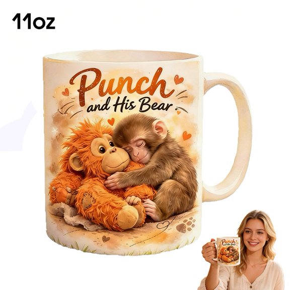 Protect Punch The Monkey Coffee Mugs,Punch and His Bear Mug,Cute PunchMonkey Mugs,Novelty Funny Little Monkey Ceramic Coffee Mug Tea Cups,Inspirational & Motivational Gift for Family Animal Lovers
