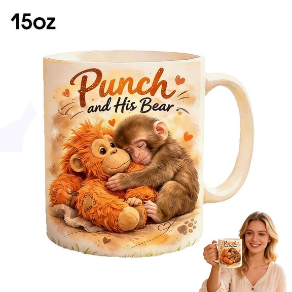 Protect Punch The Monkey Coffee Mugs,Punch and His Bear Mug,Cute PunchMonkey Mugs,Novelty Funny Little Monkey Ceramic Coffee Mug Tea Cups,Inspirational & Motivational Gift for Family Animal Lovers