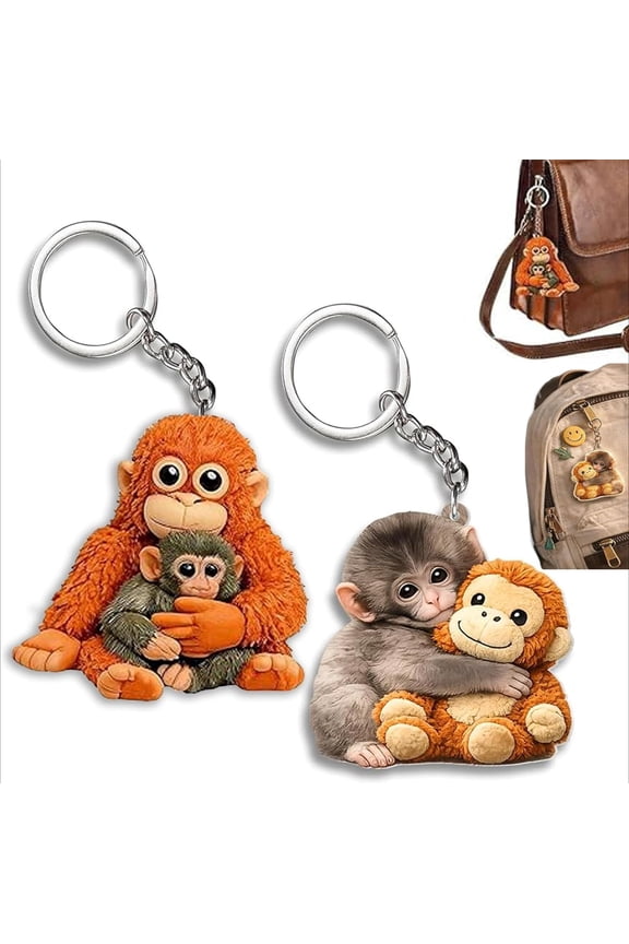 Protect Punch The Monkey Keychain, 2D Cute Monkey Holding Plush Toy Hanging Keychain for Backpack Purse Car Keys Gift