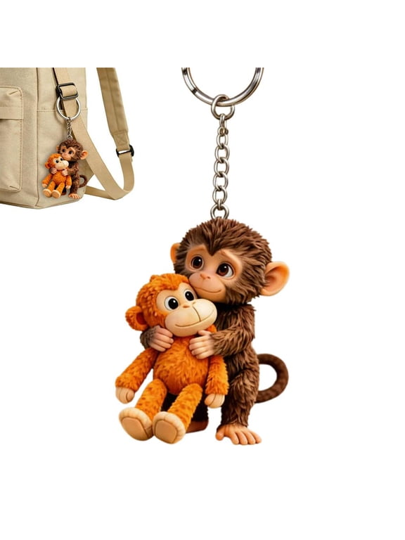 Protect Punch The Monkey Keychain, 3D Cute Monkey Holding Plush Toy Hanging Keychain for Backpack Car Keys Gift
