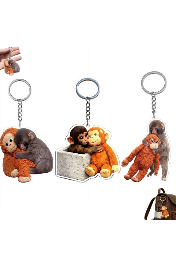 Protect Punch The Monkey Keychain,3D Cute Punch Monkey Holding Plush Toy Keychain,Acrylic Monkeys Hugging Keychains for Keys
