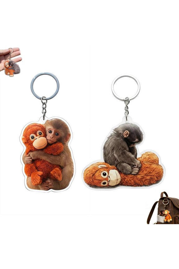 Protect Punch The Monkey Keychain,3D Cute Punch Monkey Holding Plush Toy Keychain,Acrylic Monkeys Hugging Keychains for Keys