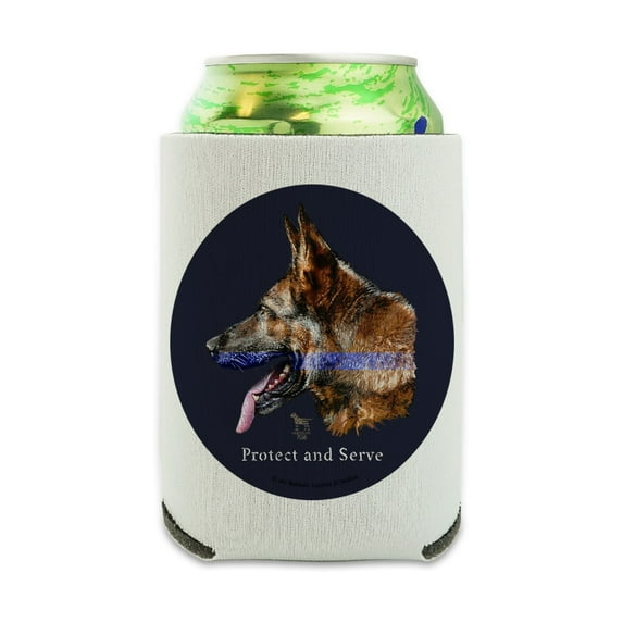 Protect and Serve K9 Police Thin Blue Line German Shepherd Dog Can Cooler - Drink Sleeve Hugger Collapsible Insulator - Beverage Insulated Holder