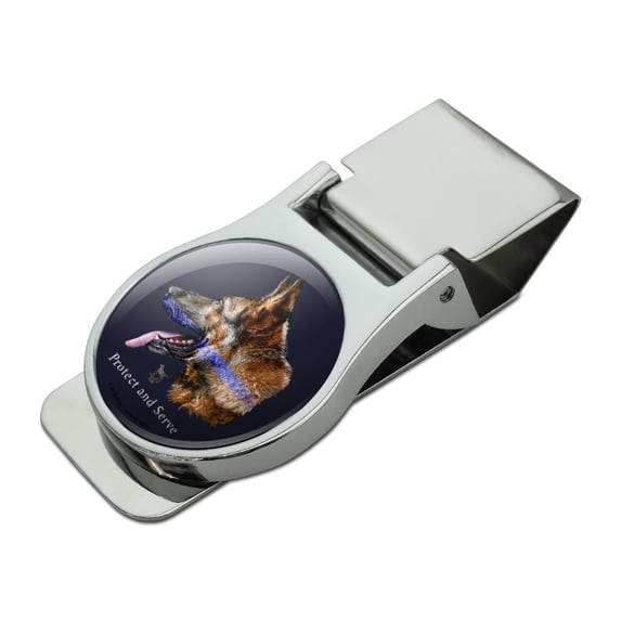 Protect and Serve K9 Police Thin Blue Line German Shepherd Dog Satin Chrome Plated Metal Money Clip