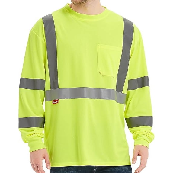 ProtectX 1-Pack Class 3 Long Sleeve High Visibility Safety T-Shirt with elastic reflective stripes, Men's Heavy Duty Breathable Hi Vis Reflective Shirts, Green - Medium