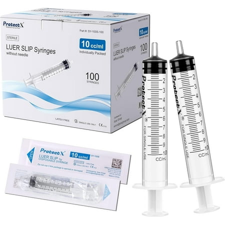 ProtectX 100 Pack 10ml Disposable Luer Slip Sterile Dispenser/Syringe (No Needle) Individually Sealed, Smooth and Accurate Dispensing for Science Labs
