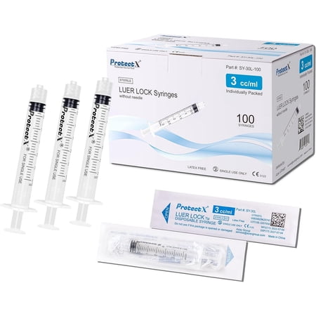 ProtectX 100 Pack 3ml Disposable Luer Lock Sterile Syringe (No Needle), Individually Sealed, Smooth and Accurate Dispensing for Science Labs