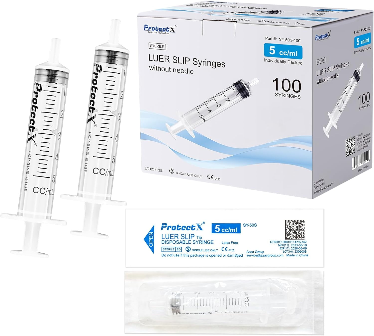 ProtectX 100 Pack 5ml Disposable Luer Slip Sterile Syringe, Individually Sealed, Smooth and Accurate Dispensing for Science Labs