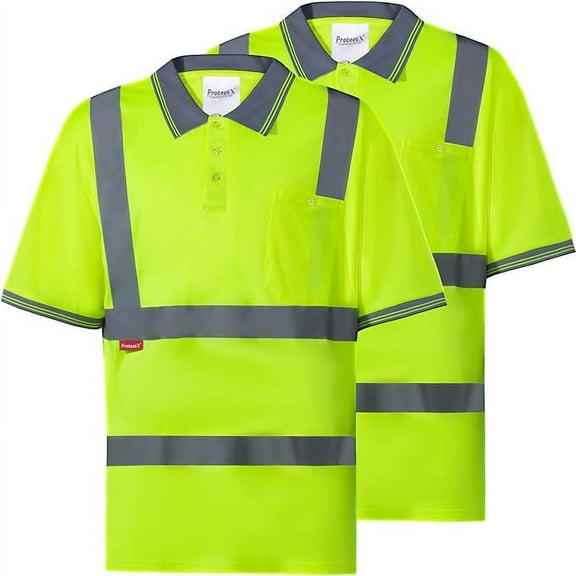 ProtectX 2 Pack Hi Vis Short Sleeve Reflective Polo Shirts, Safety Work T Shirt for Men, ASIN Class 2 Type R, Lime Green - 2X-Large