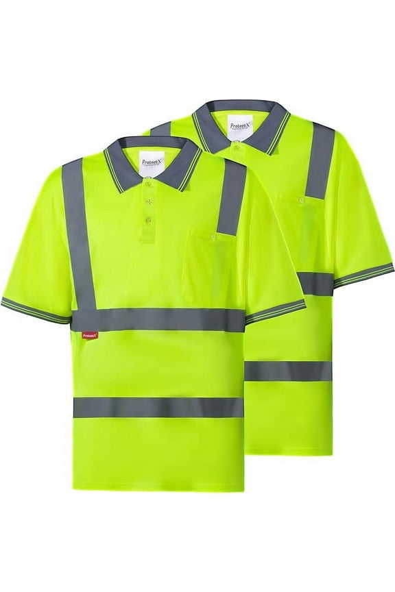 2 Pack Hi Vis Short Sleeve Reflective Polo Shirts, Safety Work T Shirt for Men, ASIN Class 2 Type R, Lime Green - Large
