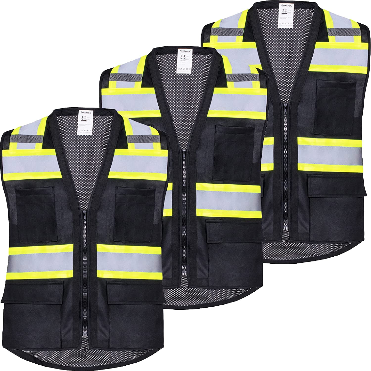ProtectX Pack Pockets High Visibility Zipper Front Safety Vest with  Reflective Tape Strips, Lightweight  Solid Front Mesh Back, ANSI/ISEA  Certified Class 2, 3-Pack Black X Large