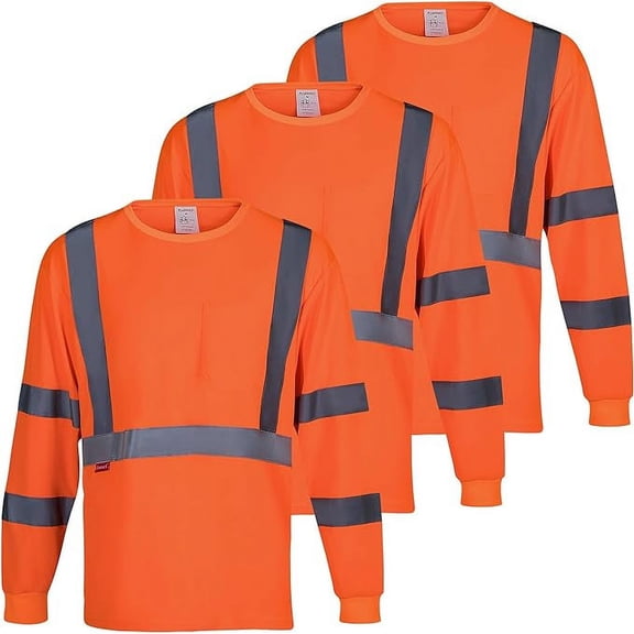 ProtectX 3-Pack Class 3 Long Sleeve High Visibility Safety T-Shirt with Elastic Reflective Stripes, Men's Heavy Duty Breathable Hi Vis Reflective Shirts, Orange - 3X-Large