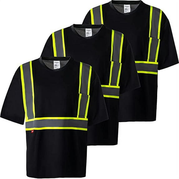 ProtectX 3-Pack High Visibility Black Heavy-Duty Short Sleeve Reflective Safety T-Shirt Type R Class2, US Size L