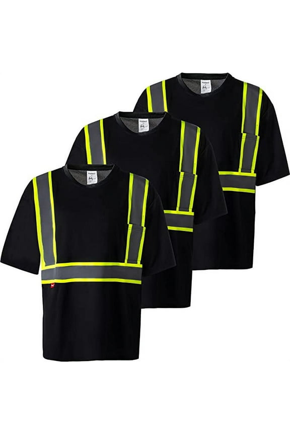 3-Pack High Visibility Black Heavy-Duty Short Sleeve Reflective Safety T-Shirt Type R Class2, US Size XL