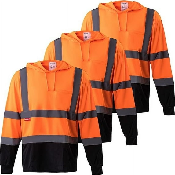 ProtectX 3-Pack High Visibility Heavy-duty Long Sleeve Reflective Safety T-Shirt with hat, Type R Class2, Orange - Small