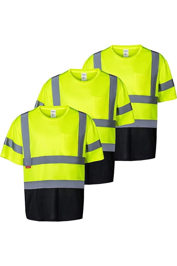 3-Pack High Visibility Lime Green Heavy-Duty Short Sleeve Reflective Safety T-Shirt, US Size L