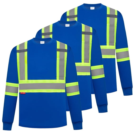 ProtectX 3-Pack Men's High Visibility Heavy Duty Breathable Long Sleeve Reflective Safety T-Shirts for Work Warehouse Construction, Class 2, Blue - 3X Large