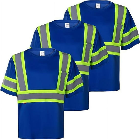 ProtectX 3-Pack Men's High Visibility Heavy Duty Breathable Long Sleeve Reflective Safety T-Shirts for Work Warehouse Construction, Class 2 Type R, Blue - L