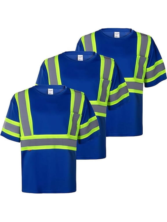3-Pack Men's High Visibility Heavy Duty Breathable Long Sleeve Reflective Safety T-Shirts for Work Warehouse Construction, Class 2 Type R, Blue - S