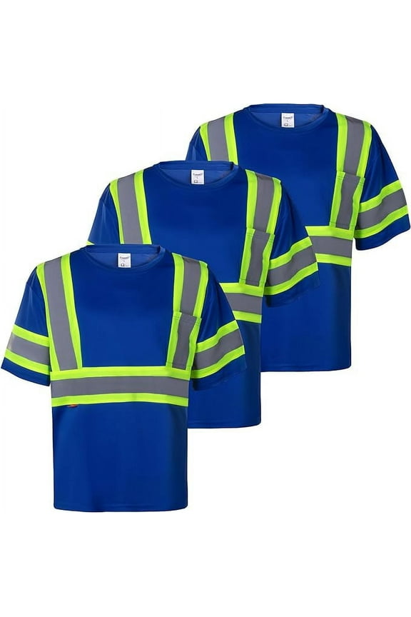 3-Pack Men's High Visibility Heavy Duty Breathable Long Sleeve Reflective Safety T-Shirts for Work Warehouse Construction, Class 2 Type R, Blue - 3XL