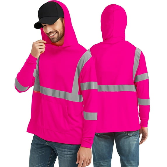 ProtectX 3-Pack Men's High Visibility Heavy Duty Breathable Long Sleeve Reflective Safety T-Shirts for Work Warehouse Construction, Class 3 Type R, Hoodie Pink 2X Large