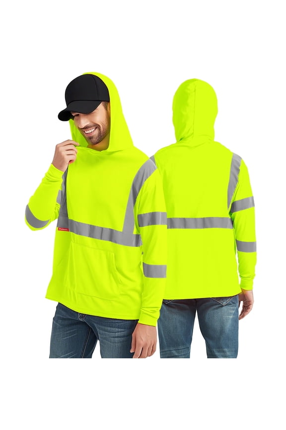 3-Pack Men's High Visibility Heavy Duty Breathable Long Sleeve Reflective Safety T-Shirts for Work Warehouse Construction, Class 3 Type R, Hoodie Green X Large