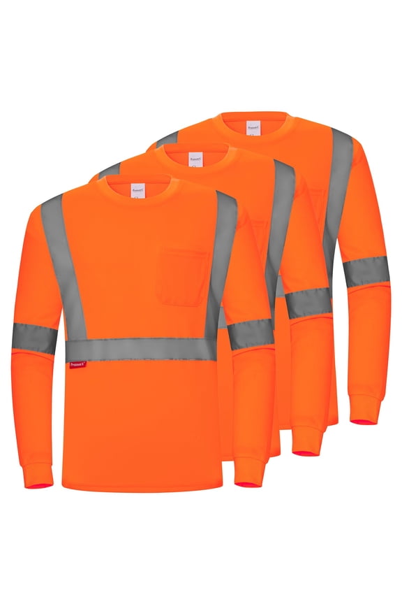 3-Pack Men's High Visibility Heavy Duty Breathable Long Sleeve Reflective Safety T-Shirts for Work Warehouse Construction, Class 2, Orange - X Large