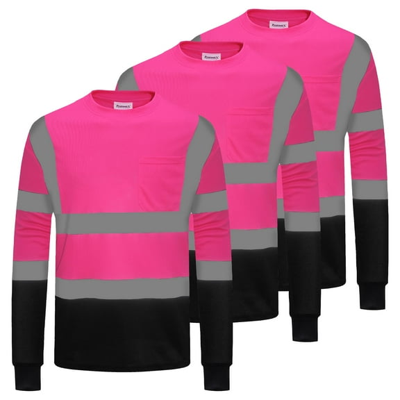 ProtectX 3-Pack Men's High Visibility Heavy Duty Breathable Long Sleeve Reflective Safety T-Shirts for Work Warehouse Construction, Class 2, Pink - 3X Large