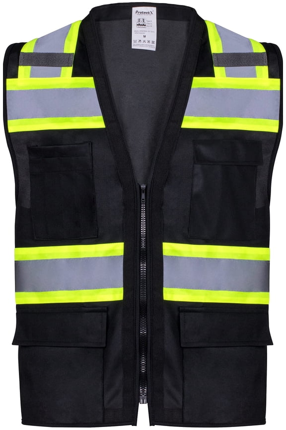 6 Pockets High Visibility Zipper Front Safety Vest with Reflective Tape Strips, Lightweight & Solid Fabric, ANSI/ISEA Certified Class 2, Black - Large