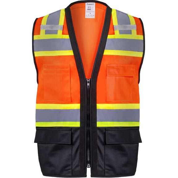 ProtectX 6 Pockets High Visibility Zipper Front Safety Vest with Reflective Tape Strips, Lightweight & Solid Fabric, ANSI/ISEA Certified Class 2, Lime Orange-Black - Large