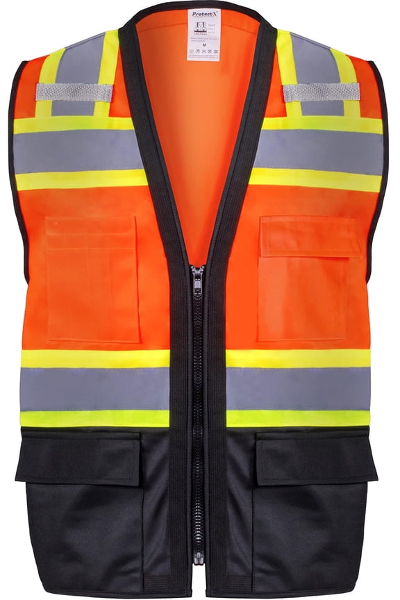 6 Pockets High Visibility Zipper Front Safety Vest with Reflective Tape Strips, Lightweight & Solid Fabric, ANSI/ISEA Certified Class 2, Lime Orange-Black - Medium
