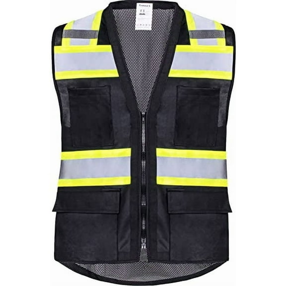 ProtectX 6 Pockets High Visibility Zipper Front Safety Vest with Reflective Tape Strips, Lightweight & Solid Front Mesh Back, ANSI/ISEA Certified Class 2, Black - 3X Large