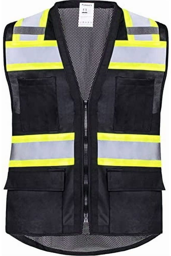 6 Pockets High Visibility Zipper Front Safety Vest with Reflective Tape Strips, Lightweight & Solid Front Mesh Back, ANSI/ISEA Certified Class 2, Black - 3X Large