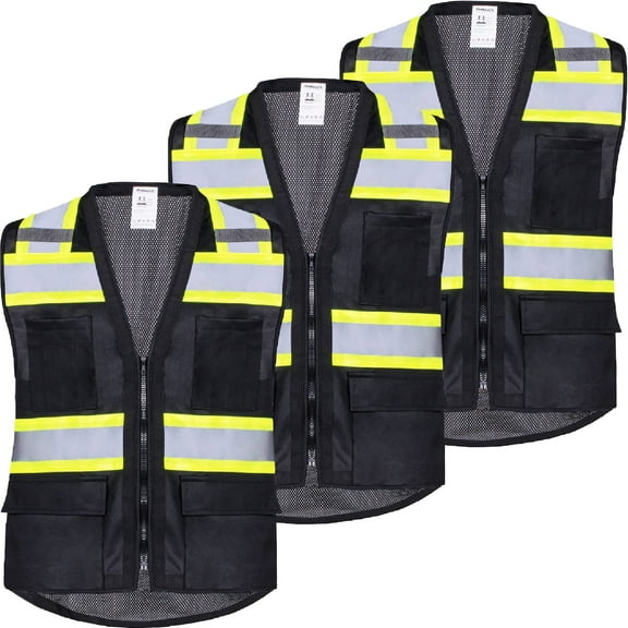 ProtectX 6 Pockets High Visibility Zipper Front Safety Vest with Reflective Tape Strips, Lightweight & Solid Front Mesh Back, ANSI/ISEA Certified Class 2, Black - X Large