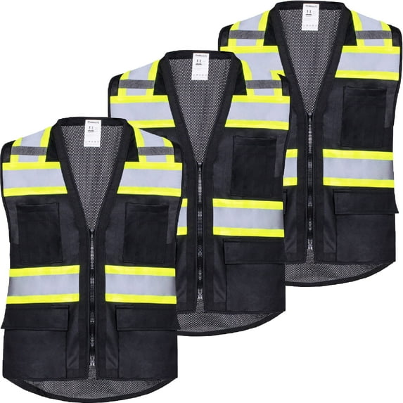 ProtectX 6 Pockets High Visibility Zipper Front Safety Vest with Reflective Tape Strips, Lightweight & Solid Front Mesh Back, ANSI/ISEA Certified Class 2, Black - Large
