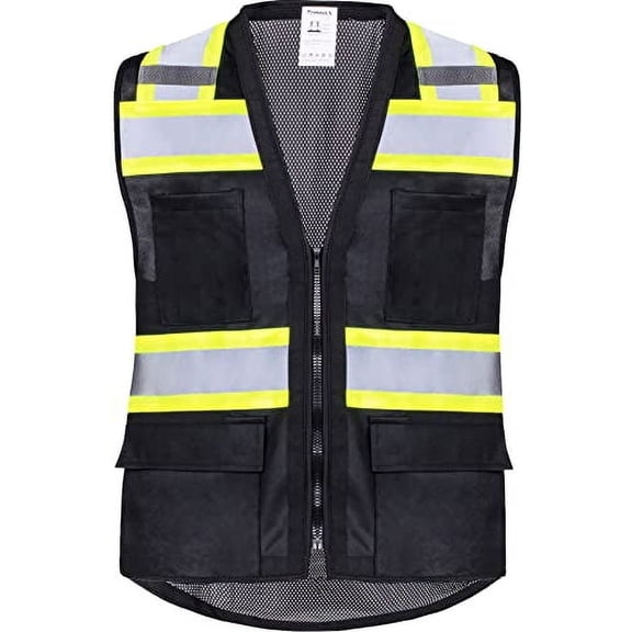 ProtectX 6 Pockets High Visibility Zipper Front Safety Vest with Reflective Tape Strips, Lightweight & Solid Front Mesh Back, ANSI/ISEA Certified Class 2, Black - 4X Large