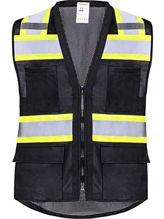 6 Pockets High Visibility Zipper Front Safety Vest with Reflective Tape Strips, Lightweight & Solid Front Mesh Back, ANSI/ISEA Certified Class 2, Black - Medium