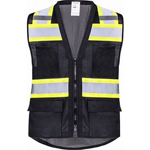 ProtectX 6 Pockets High Visibility Zipper Front Safety Vest with Reflective Tape Strips, Lightweight & Solid Front Mesh Back, ANSI/ISEA Certified Class 2, Black - 2X Large
