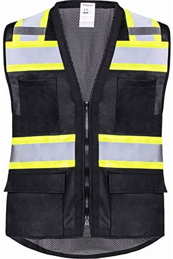 6 Pockets High Visibility Zipper Front Safety Vest with Reflective Tape Strips, Lightweight & Solid Front Mesh Back, ANSI/ISEA Certified Class 2, Black - 2X Large