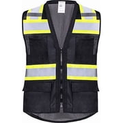 ProtectX 6 Pockets High Visibility Zipper Front Safety Vest with Reflective Tape Strips, Lightweight & Solid Front Mesh Back, ANSI/ISEA Certified Class 2, Black - 2X Large