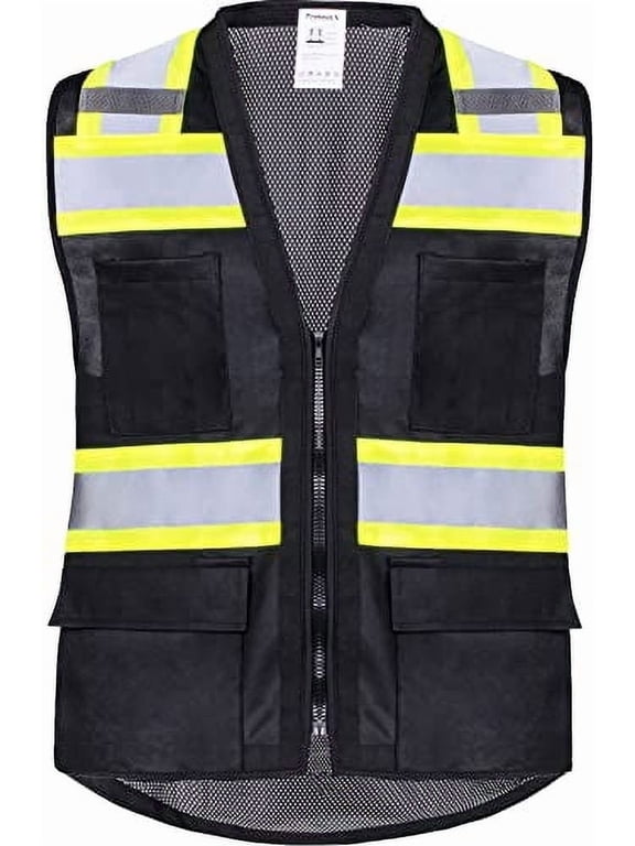6 Pockets High Visibility Zipper Front Safety Vest with Reflective Tape Strips, Lightweight & Solid Front Mesh Back, ANSI/ISEA Certified Class 2, Black - 2X Large