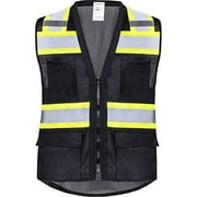 ProtectX 6 Pockets High Visibility Zipper Front Safety Vest with Reflective Tape Strips, Lightweight & Solid Front Mesh Back, ANSI/ISEA Certified Class 2, Black - 2X Large
