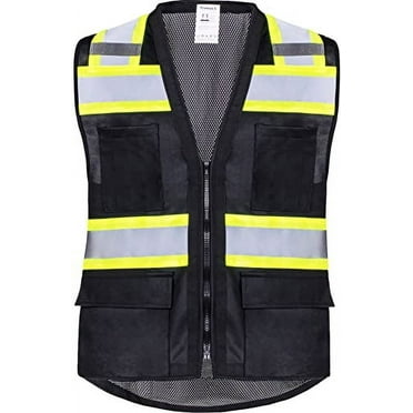 ProtectX 6 Pockets High Visibility Zipper Front Safety Vest with Reflective Tape Strips, Lightweight & Solid Front Mesh Back, ANSI/ISEA Certified Class 2, Black - 2X Large