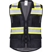 ProtectX 6 Pockets High Visibility Zipper Front Safety Vest with Reflective Tape Strips, Lightweight & Solid Front Mesh Back, ANSI/ISEA Certified Class 2, Black - X Large