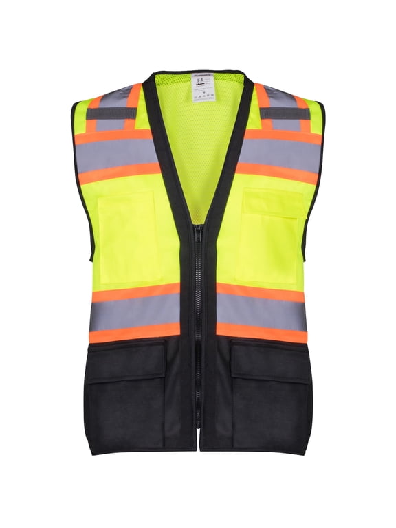 6 Pockets High Visibility Zipper Front Safety Vest with Reflective Tape Strips, Lightweight & Solid Front Mesh Back, ANSI/ISEA Certified Class 2, Lime Green-Black - 3X Large