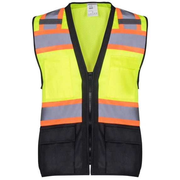 ProtectX 6 Pockets High Visibility Zipper Front Safety Vest with Reflective Tape Strips, Lightweight & Solid Front Mesh Back, ANSI/ISEA Certified Class 2, Lime Green-Black - Medium